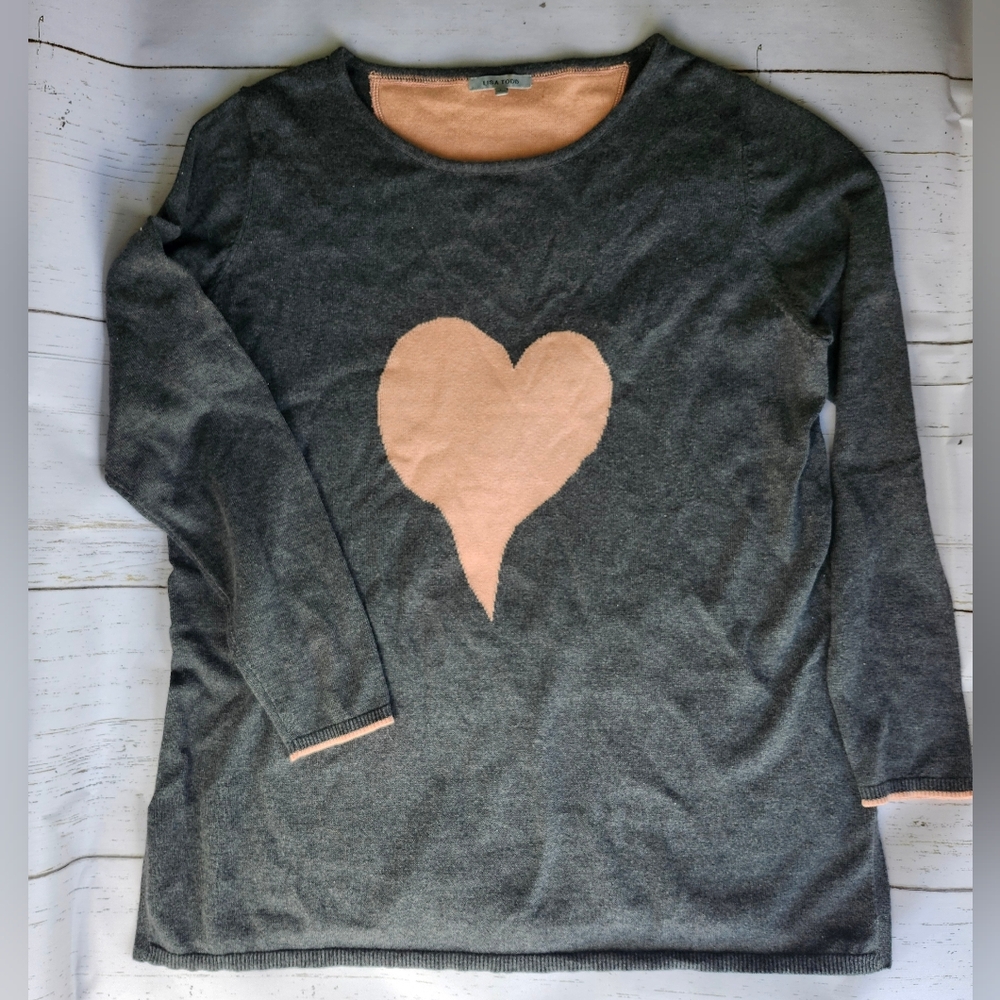 Lisa Todd Women's Gray And Pink Heart Sweater, Size Large, Cotton Cashmere Blend